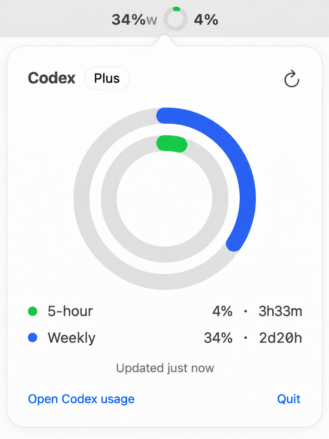 CodexReserve popover showing blue weekly and green 5-hour usage rings